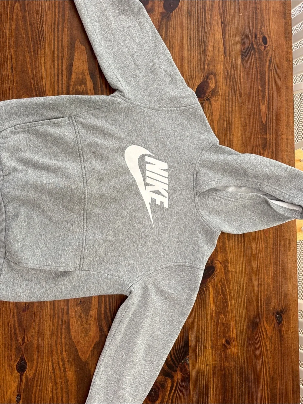 Kids Nike Heather Gray Hoodie with White Swoosh. Size XL